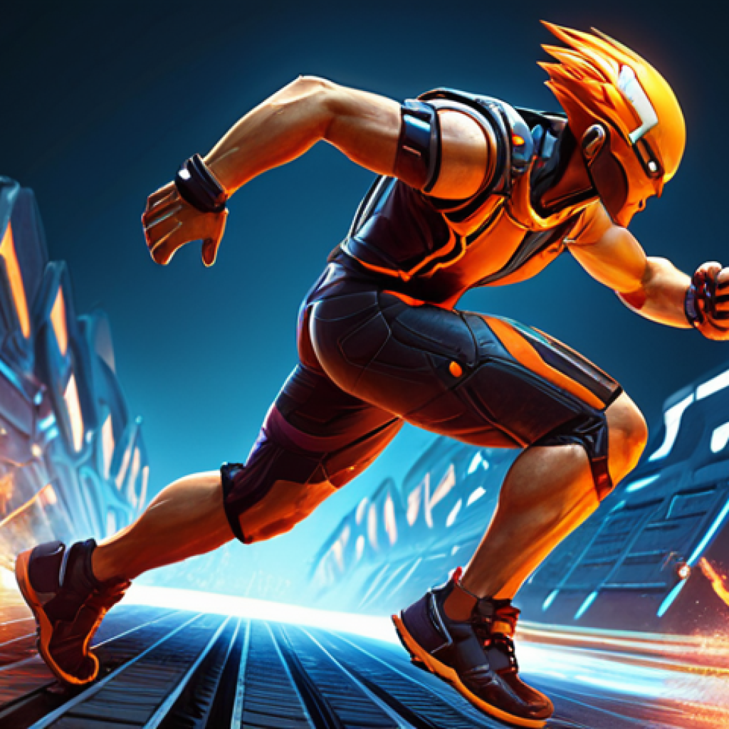 A dynamic TalesRunner character, mid-sprint, with a background that visually morphs from outdated, pixelated game elements into sharp, vibrant, futuristic designs, symbolizing the ever-evolving game meta and the constant need for adaptation. Emphasize speed, change, and the blend of past and future. High energy, motion blur.
